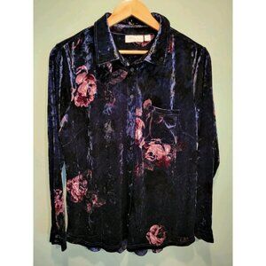 Navy Pink Floral Stretch Velvet Long Sleeve Button Up Top Pockets Sz M